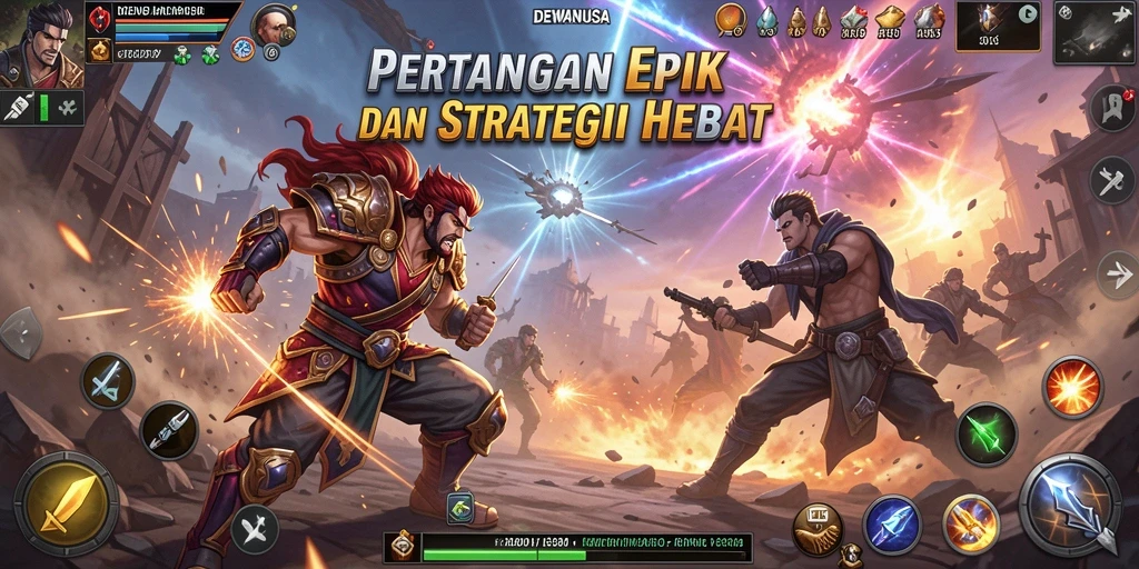 Tampilan pertarungan epik dalam DEWANUSA dengan karakter yang beragam.