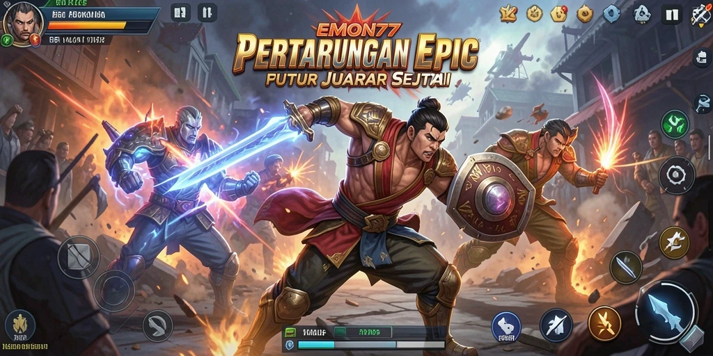 Screenshot utama EMON77 menampilkan pertarungan intens antar karakter yang berbeda.