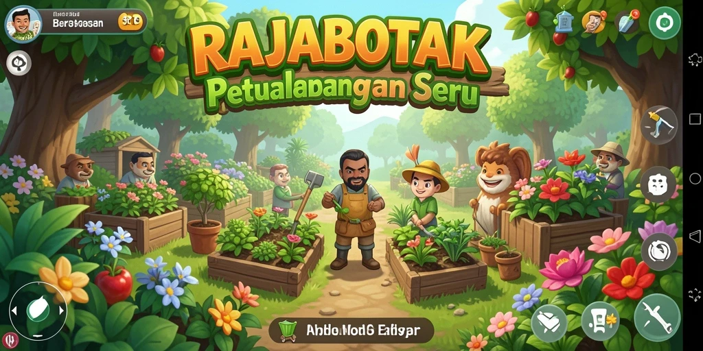 Tampilan gameplay RAJABOTAK dengan kebun yang rimbun dan tanaman beraneka ragam.